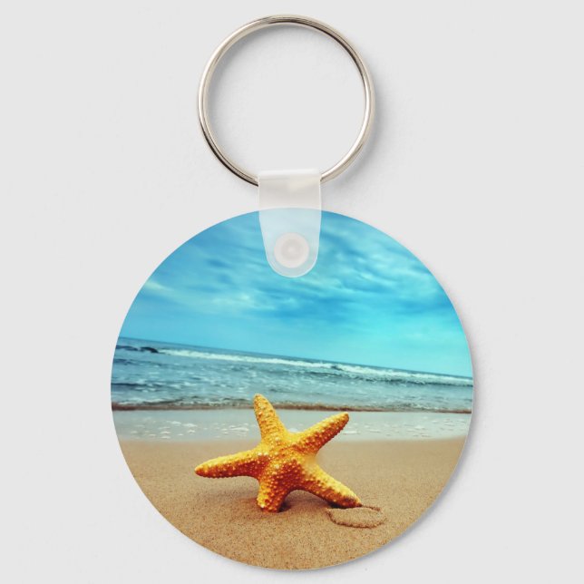 Sea Star On The Beach, Blue Sky, Ocean Key Ring (Front)