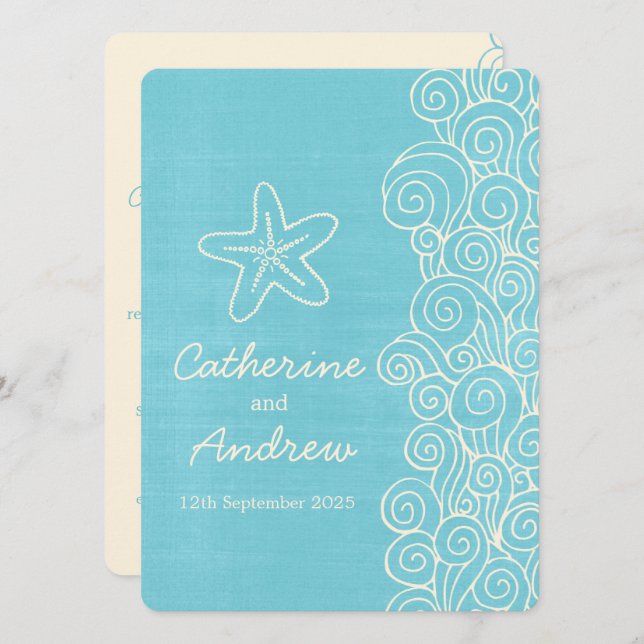 Sea star swirl blue cream beach wedding invitation (Front/Back)
