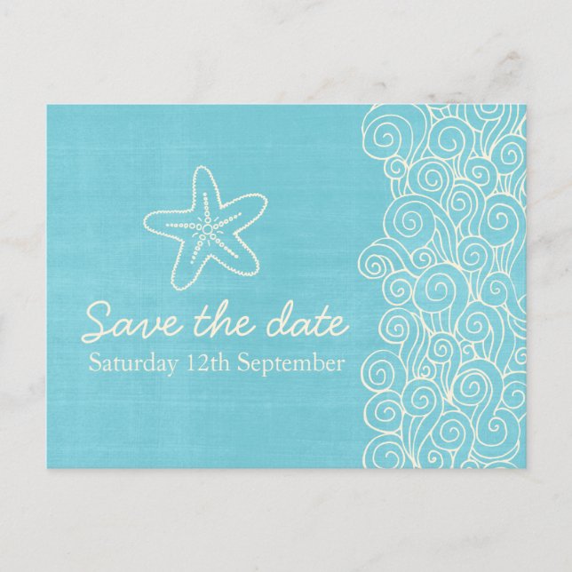 Sea star & swirls blue & cream save the date card (Front)