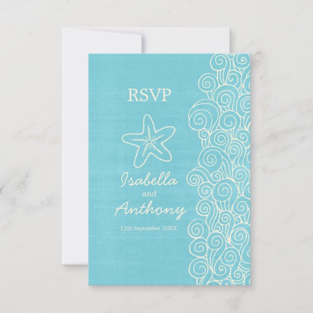 Sea star & swirls blue & cream wedding RSVP Card (Front)