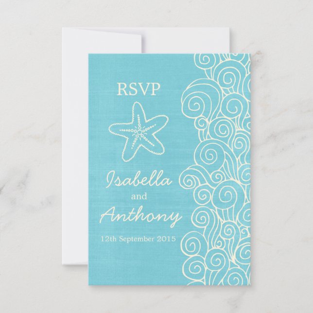 Sea star & swirls blue & cream wedding RSVP Card (Front)