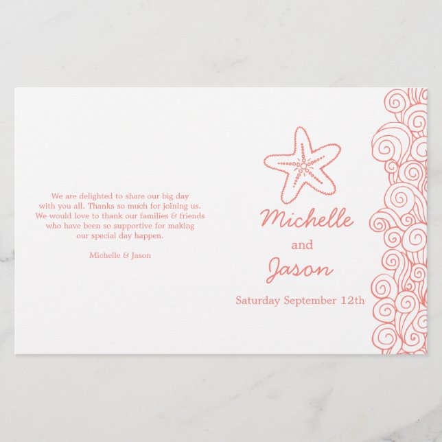 Sea star & swirls coral white wedding programs (Front)