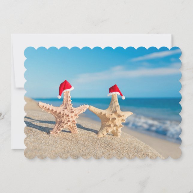 Sea-Stars Couple In Santa Hats Walking At Beach Holiday Card (Front)