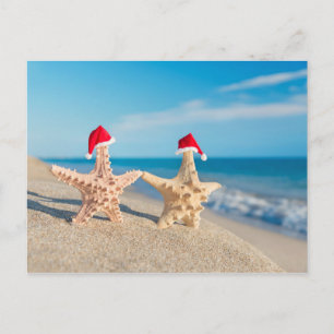 Sea-Stars Couple In Santa Hats Walking At Beach Holiday Postcard