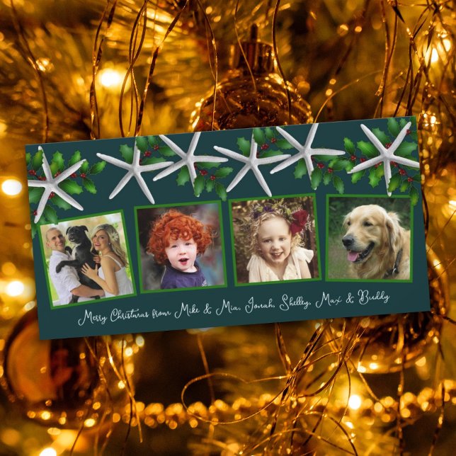 Sea Stars n Holly Four Photo Family Christmas Holiday Card (Creator Uploaded)