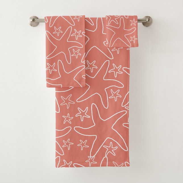 Sea Stars Pattern Salmon Pink Bath Towel Set (Insitu)