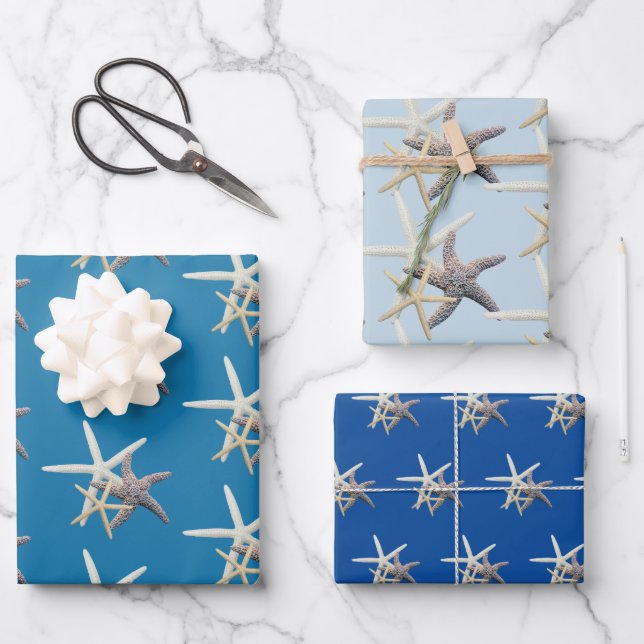 Sea Stars Shades of Blue Wrapping Paper Sheet (Front)