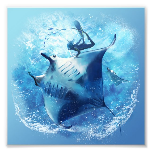 Sea stingray and diver photo print (Front)