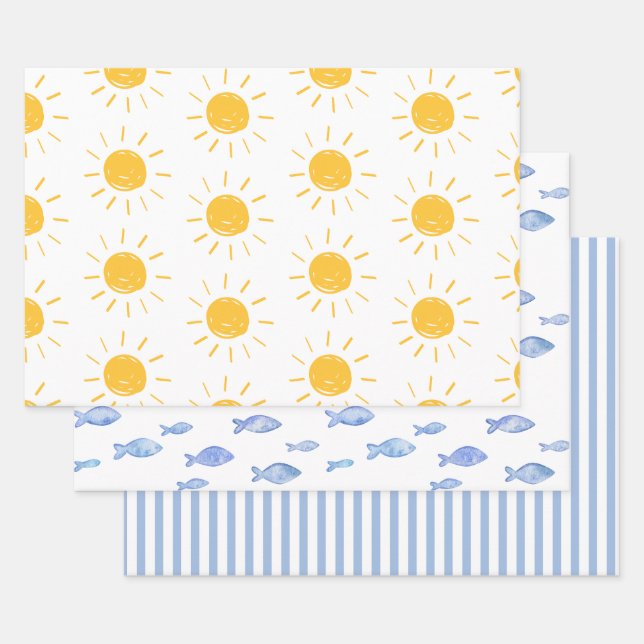 Sea sun blue fish stripes  wrapping paper sheet (Set)