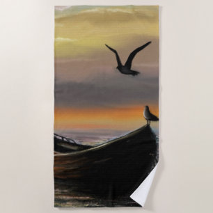 Sea Sunset Boat Seagull Flying Beach Towel