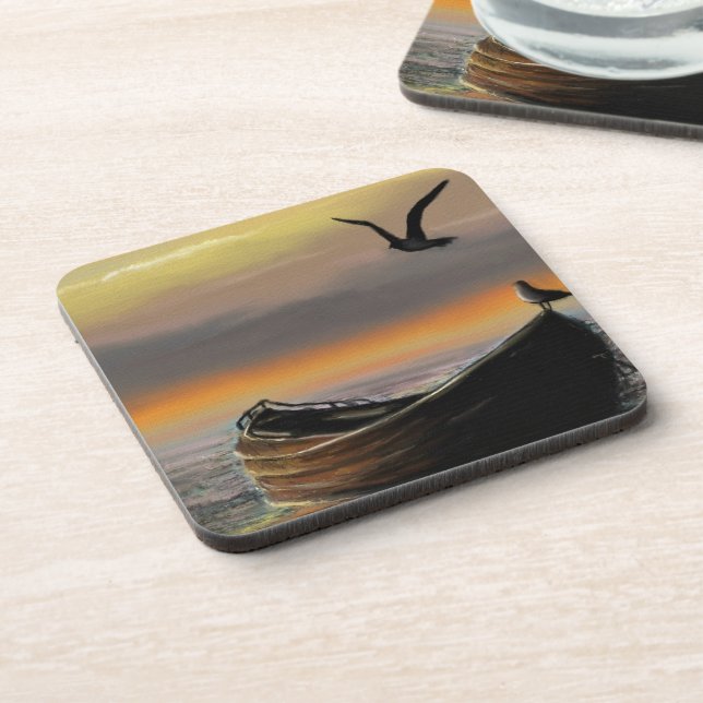 Sea Sunset Boat Seagull Flying Beverage Coaster (Left Side)