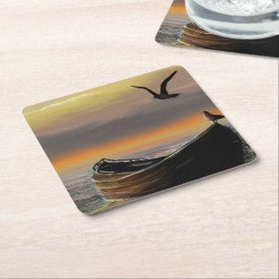 Sea Sunset Boat Seagull Flying Paper Coaster