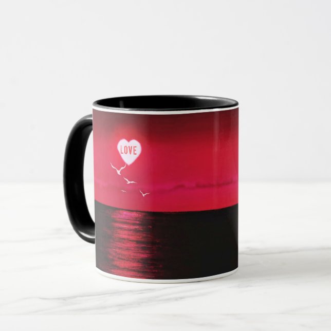 Sea Sunset Heart Sun Love Text Black Red Mug Gift (Front Left)