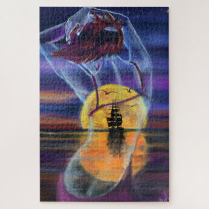 Sea Sunset Lady - Original Painting Art Jigsaw Puzzle