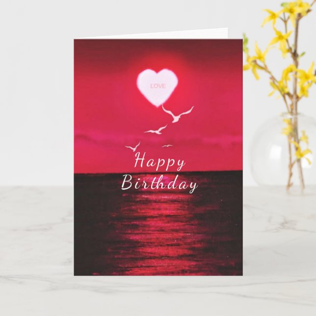 Sea Sunset Love Heart Romantic Birthday Card (Yellow Flower)