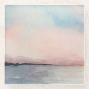 Sea Sunset Triptych - Pastel Watercolors Glass Coaster