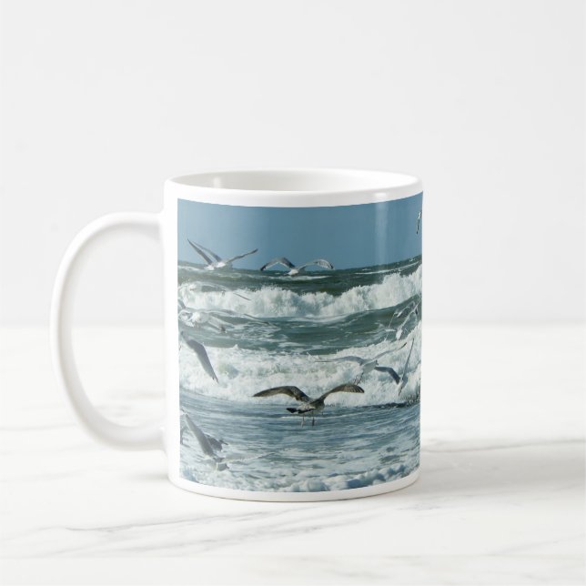 Sea, Surf, Seagulls Flying, Waves Coffee Mug (Left)