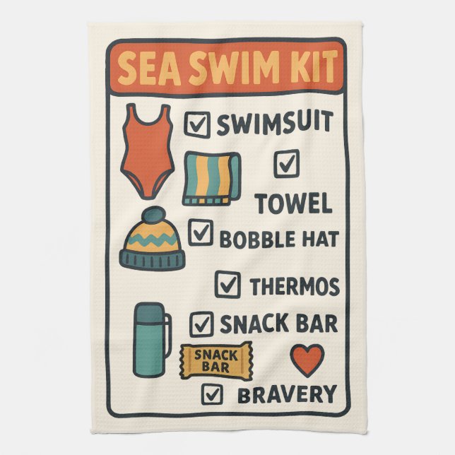 Sea Swim Kit – Funny Checklist Design for Wild Swi Tea Towel (Vertical)