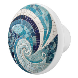Sea Swirl Beach Wave Abstract Ocean Blue Mosaic Ceramic Knob