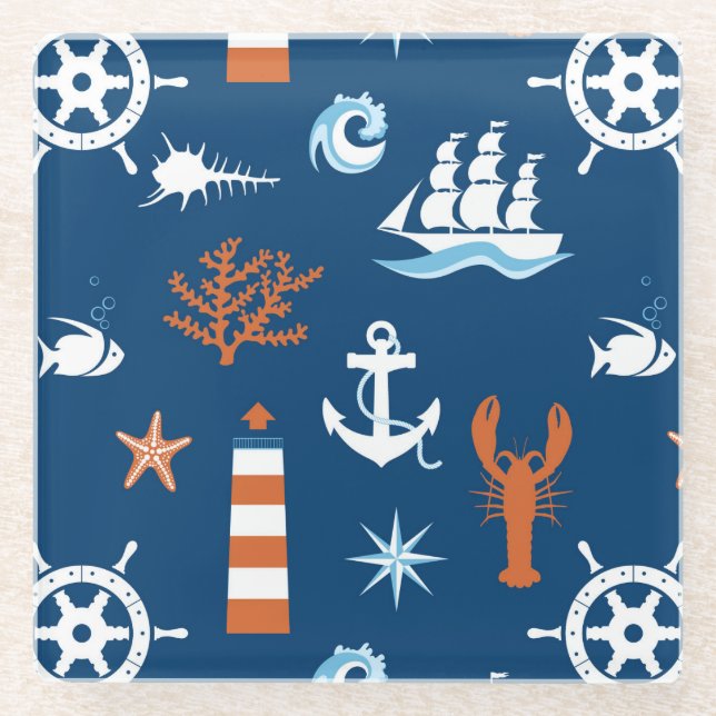 Sea Theme Pattern 1 Glass Coaster (Front)