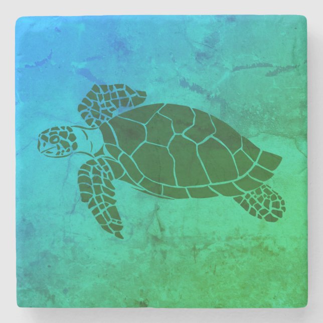 Sea Turtle 2 on Blue and Green Background Stone Coaster (Front)