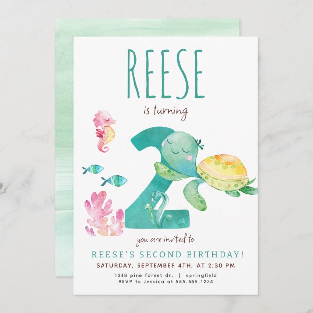 Sea Turtle 2nd Birthday Invitation (Front/Back)