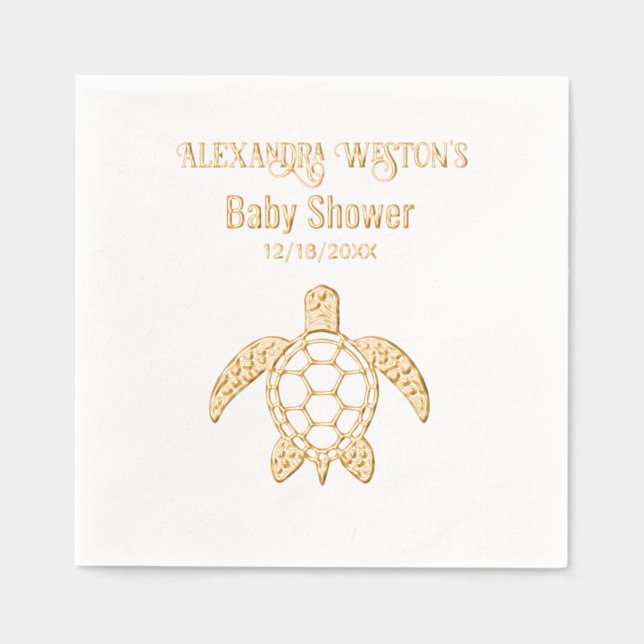 Sea Turtle #5 Baby Shower Celebration Name Date Foil Napkins (Front)