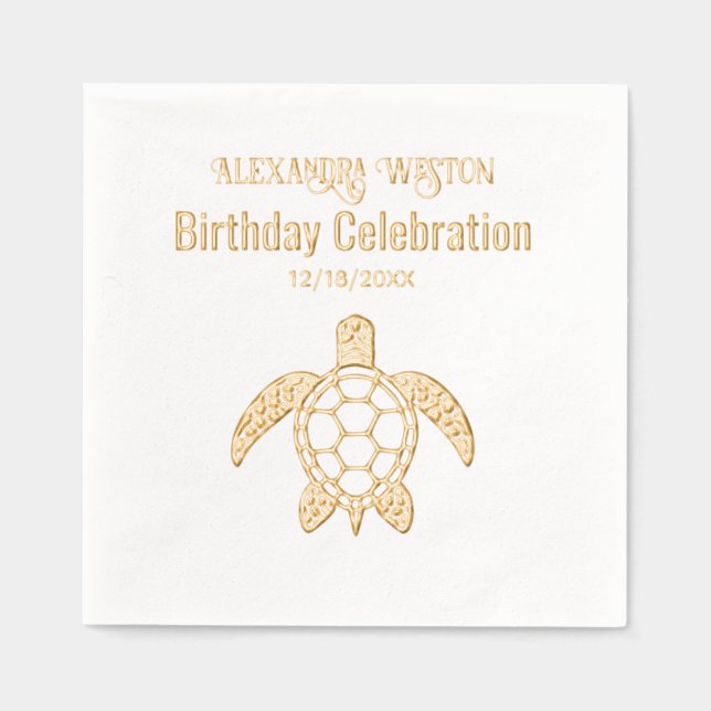 Sea Turtle #5 Birthday Party Celebration Name Date Foil Napkins (Front)