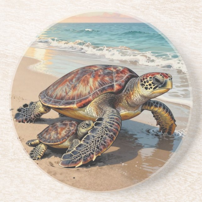 Sea Turtle and Baby Illustration  Coaster (Front)