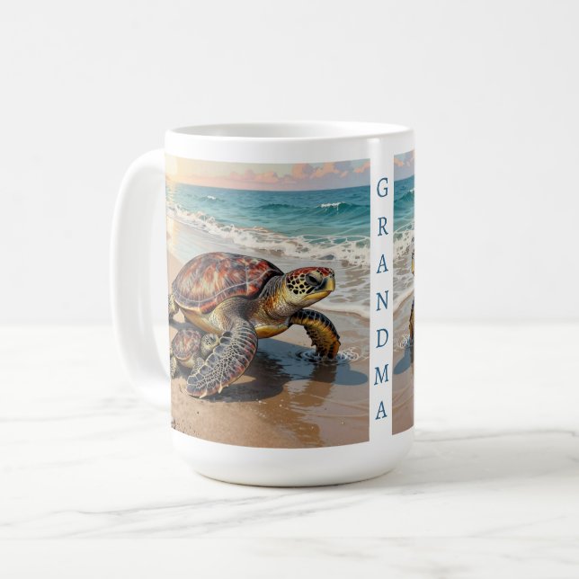 Sea Turtle and Baby Illustration | Personalized Coffee Mug (Front Left)