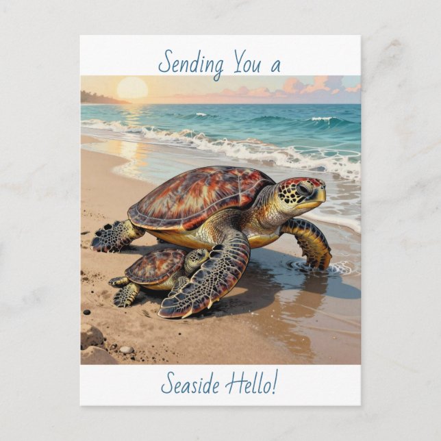 Sea Turtle and Baby Illustration | Saying Hello Postcard (Front)