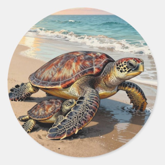 Sea Turtle and Baby on Beach Illustration Classic Round Sticker (Front)