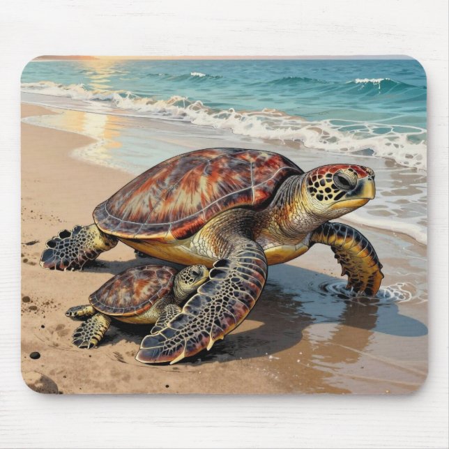 Sea Turtle and Baby on Beach Illustration Mouse Pad (Front)