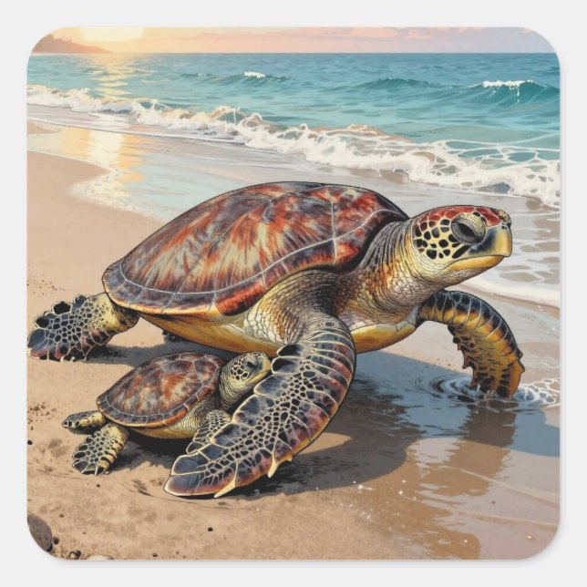 Sea Turtle and Baby on Beach Illustration Square Sticker (Front)