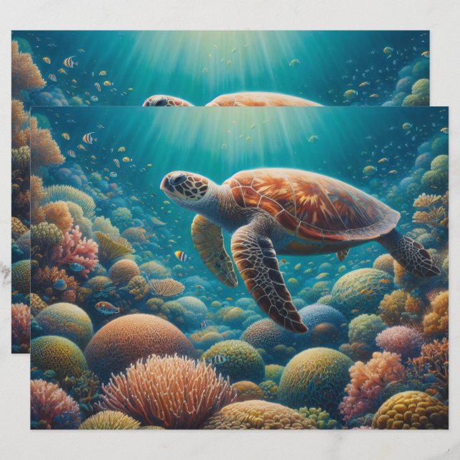 Sea Turtle and Coral Scrapbook Paper (Front/Back)