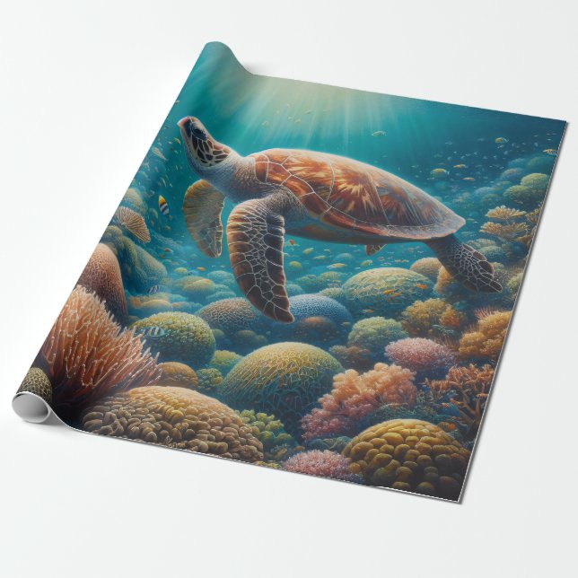 Sea Turtle and Coral Wrapping Paper (Unrolled)