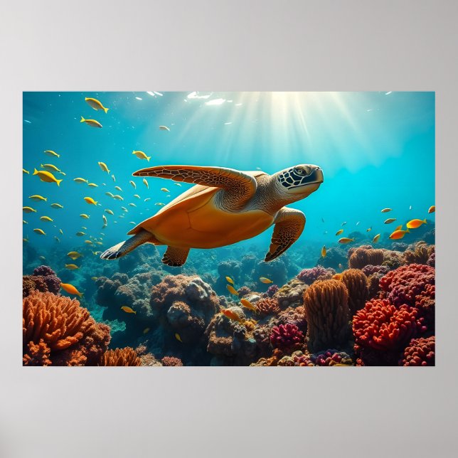 Sea Turtle and Many Small Fish Underwater  Poster (Front)