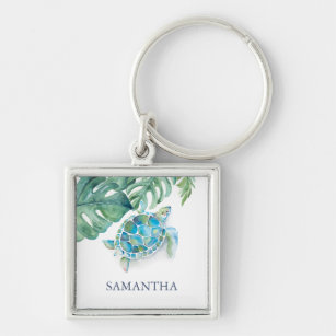 Sea Turtle and Palm Leaves Beach Key Ring