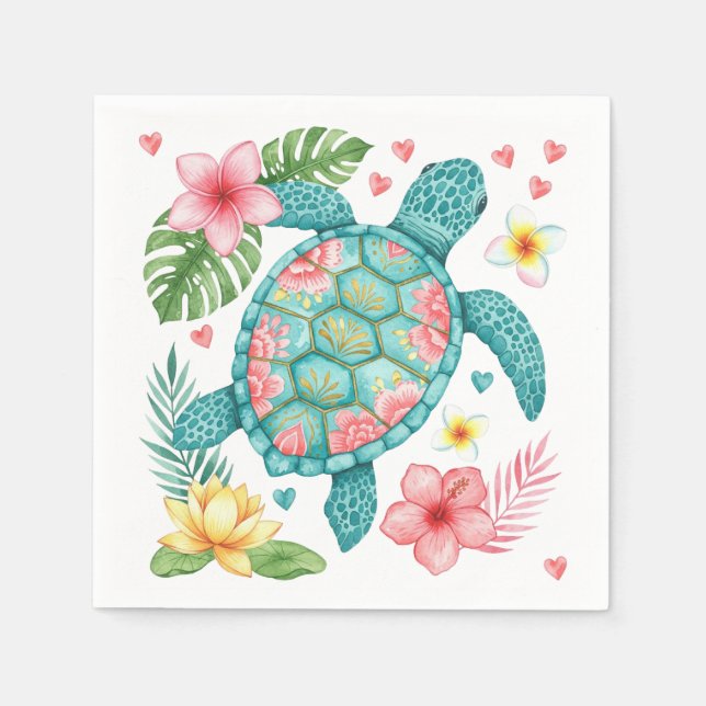 Sea Turtle and Tropical Flowers Napkin (Front)