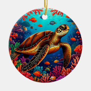 Sea Turtle and Vibrant Coral Reef Ceramic Ornament