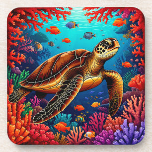 Sea Turtle and Vibrant Coral Reef Coaster