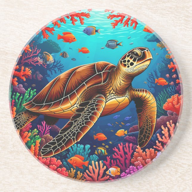 Sea Turtle and Vibrant Coral Reef Coaster (Front)