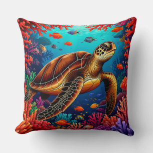 Sea Turtle and Vibrant Coral Reef Cushion