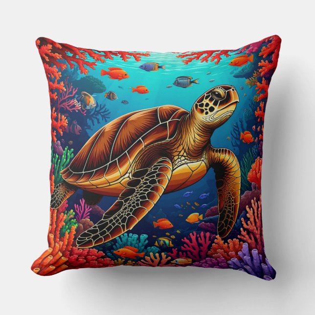 Sea Turtle and Vibrant Coral Reef Cushion (Front)