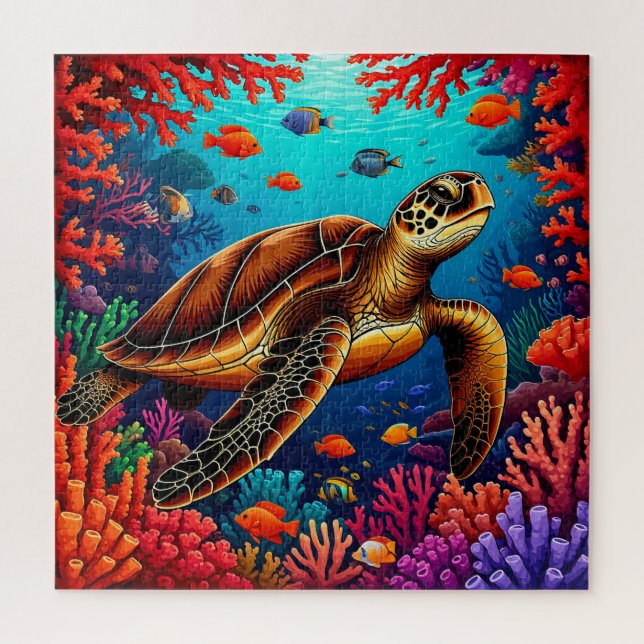 Sea Turtle and Vibrant Coral Reef Jigsaw Puzzle (Vertical)