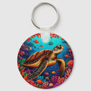 Sea Turtle and Vibrant Coral Reef Key Ring