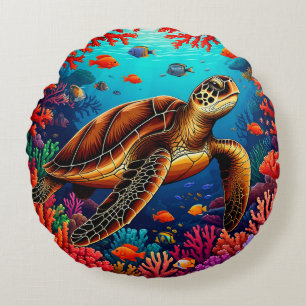 Sea Turtle and Vibrant Coral Reef Round Cushion