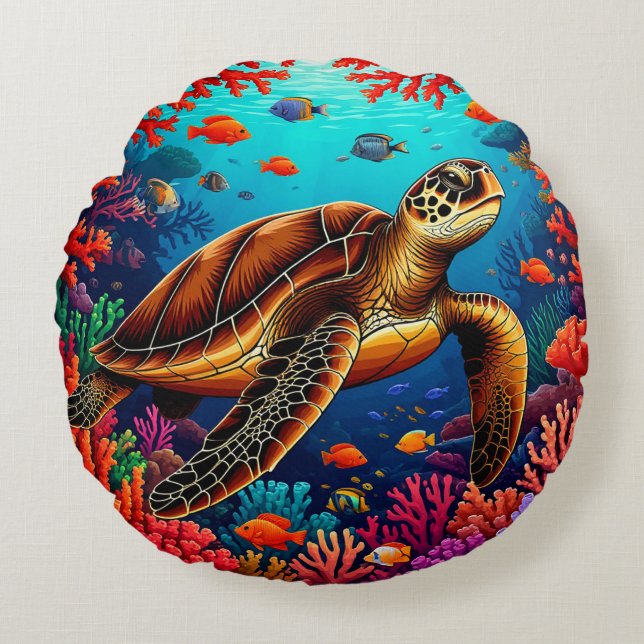 Sea Turtle and Vibrant Coral Reef Round Cushion (Front)