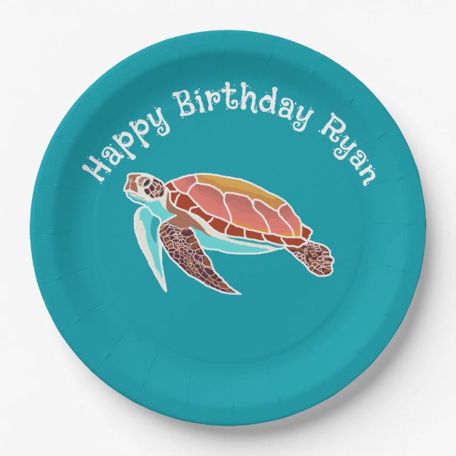Sea Turtle Art Teal Blue Paper Plate (Front)