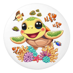 Sea Turtle Baby Happy and Cute Character Ceramic Knob